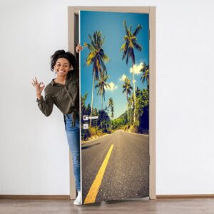 Road with Palms Theme Door Sticker Peel & Stick Vinyl Door Wrap Art Décor