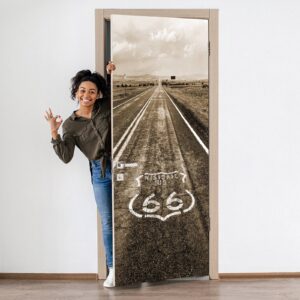 Road 66 Highway Door Sticker Peel & Stick Vinyl Door Wrap Art Décor