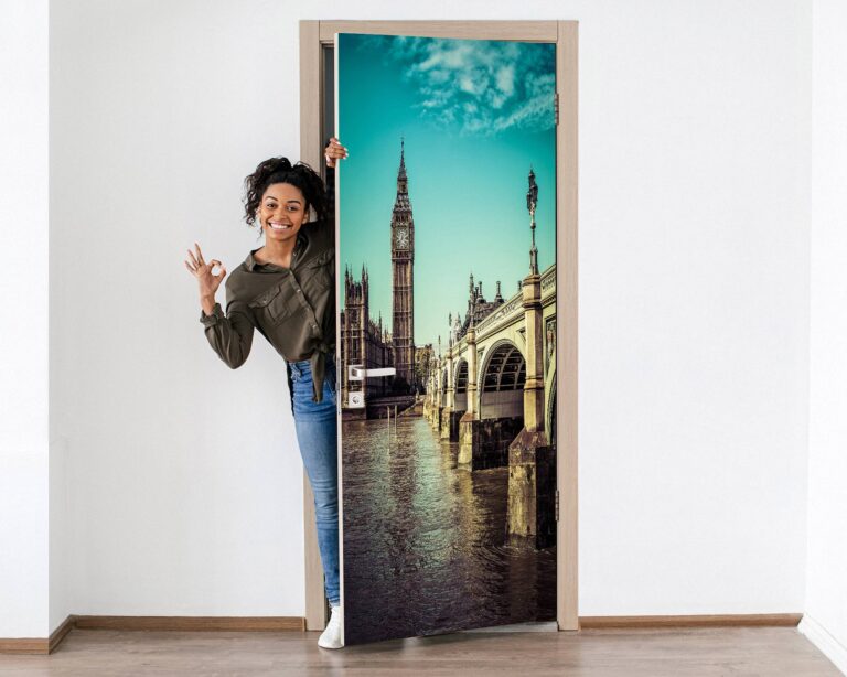 Big Ben Theme River London Door Sticker Peel & Stick Vinyl Door Wrap Art Décor