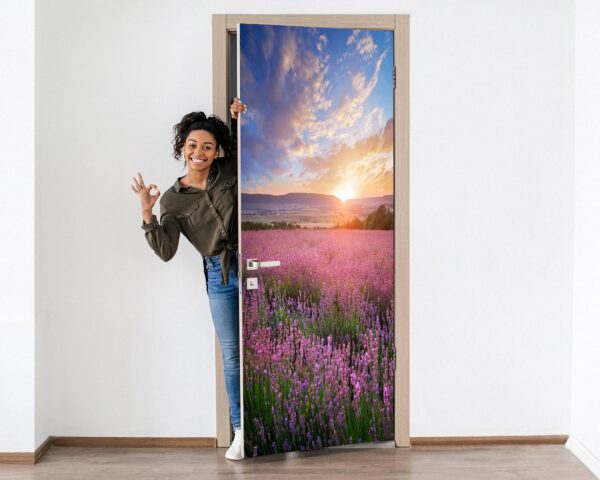 Sunrise Over Lavender Meadow Door Sticker Peel & Stick Vinyl Door Wrap Art Décor