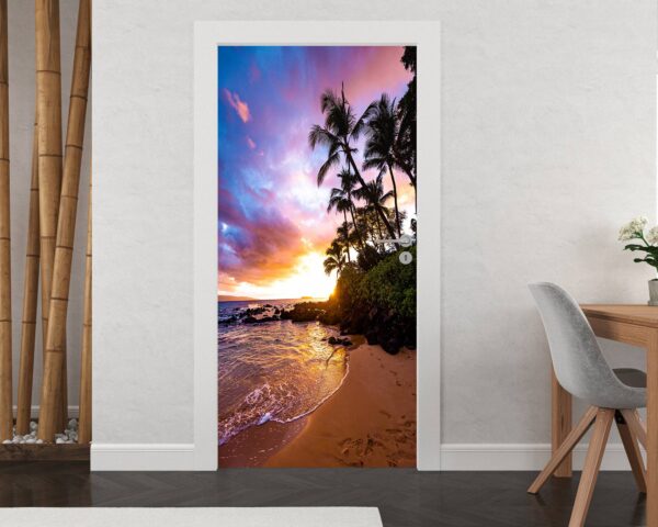 Sunset Palms and Wild Beach Door Sticker Peel & Stick Vinyl Door Wrap Art Décor