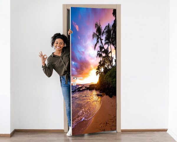 Sunset Palms and Wild Beach Door Sticker Peel & Stick Vinyl Door Wrap Art Décor