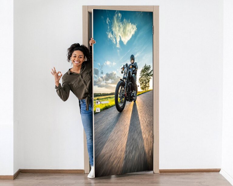 Motocyclist on the Road Hobby Door Sticker Peel & Stick Vinyl Door Wrap Art Décor