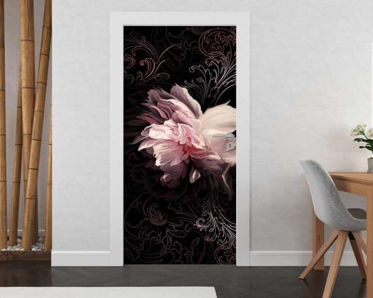 Peony on the Black Background Door Sticker Peel & Stick Vinyl Door Wrap Art Décor