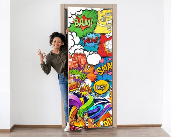 Comic Book Style Door Sticker Peel & Stick Vinyl Door Wrap Art Décor