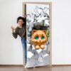 Cat Peeking From a Broken Wall Door Sticker Peel & Stick Vinyl Door Wrap Art Décor