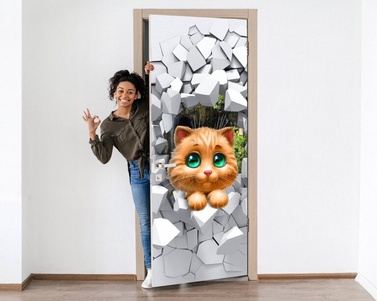 Cat Peeking From a Broken Wall Door Sticker Peel & Stick Vinyl Door Wrap Art Décor