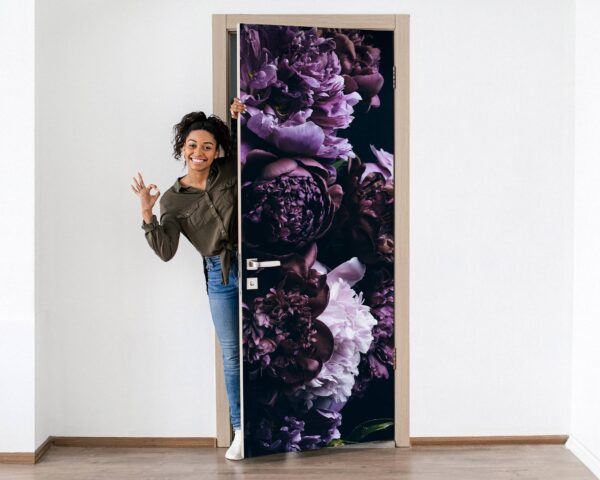 Violet Peonies Door Sticker Peel & Stick Vinyl Door Wrap Art Décor