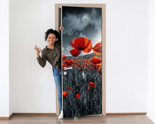 Red Poppies in the Field Door Sticker Peel & Stick Vinyl Door Wrap Art Décor