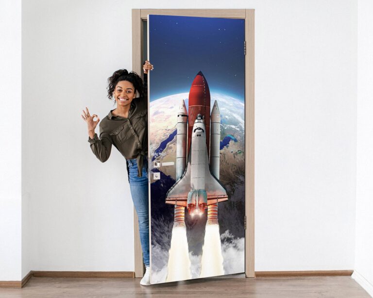 Space Shuttle on the Background of the Earth Door Sticker Peel & Stick Vinyl Door Wrap Art Décor