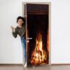 Burning Fireplace Door Sticker Peel & Stick Vinyl Door Wrap Art Décor