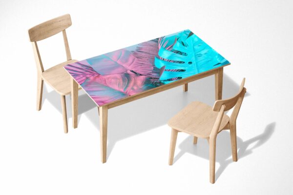 Pink and Blue Monstera Table Wrap Sticker Laminated Vinyl Cover Self-Adhesive for Desk and Tables