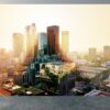 Golden hour skyline of Downtown Los Angeles on vinyl mural