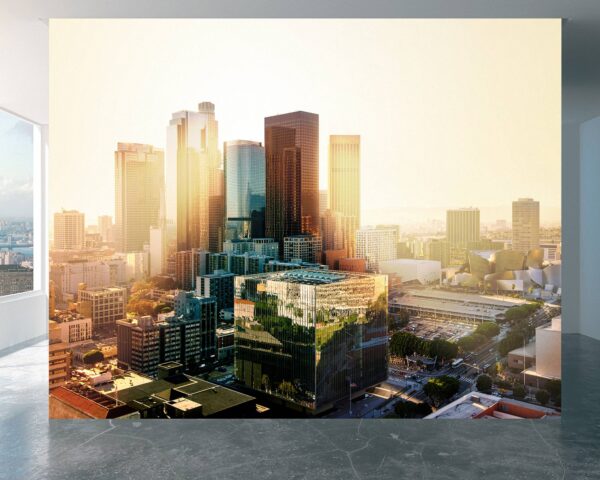 Golden hour skyline of Downtown Los Angeles on vinyl mural