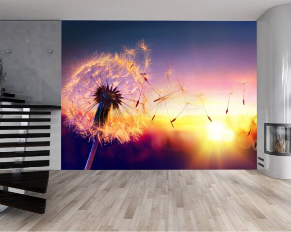 Rolled-up waterproof sunset dandelion home wallpaper.