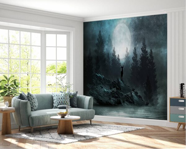 Living room adorned with deer wall mural