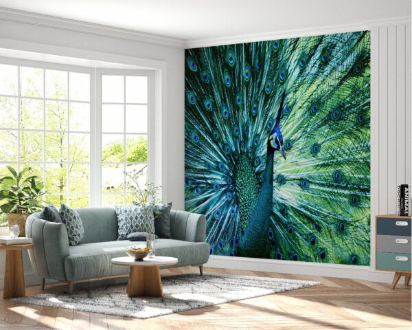 Living room adorned with peacock wall mural