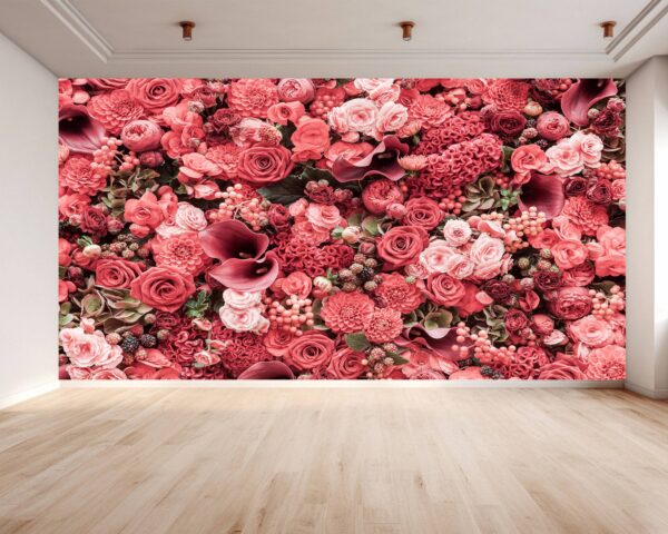 Close-up of vibrant red rose patterns on wallpaper.