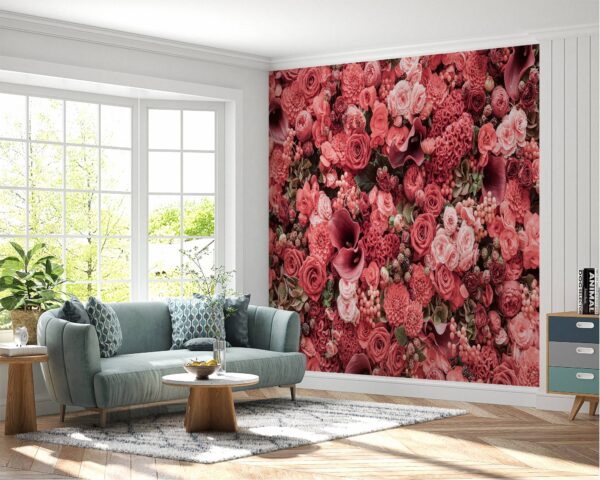 Waterproof living room wallpaper with vibrant red roses.