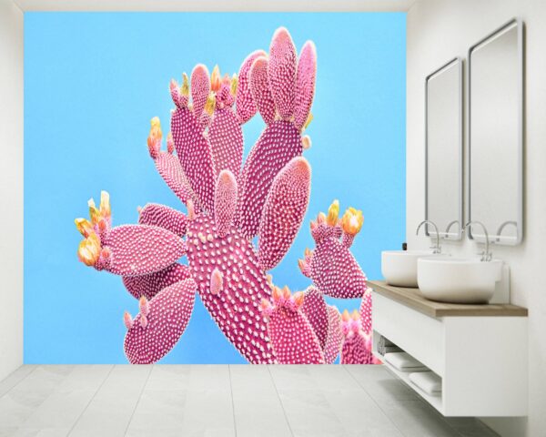 Pink Cactus on Blue Theme Wallpaper Photo Wall Mural Wall UV Print Decal Wall Art Décor