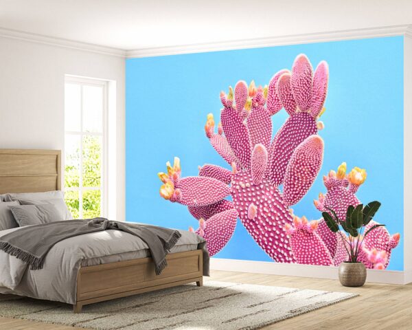 Pink Cactus on Blue Theme Wallpaper Photo Wall Mural Wall UV Print Decal Wall Art Décor