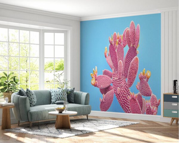 Waterproof bedroom wallpaper with pink cactus flowers.