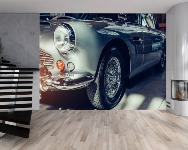 Bedroom wall adorned with vintage race car mural