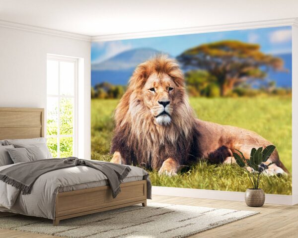 Relaxing Lion in Safari Wallpaper Photo Wall Mural Wall UV Print Decal Wall Art Décor