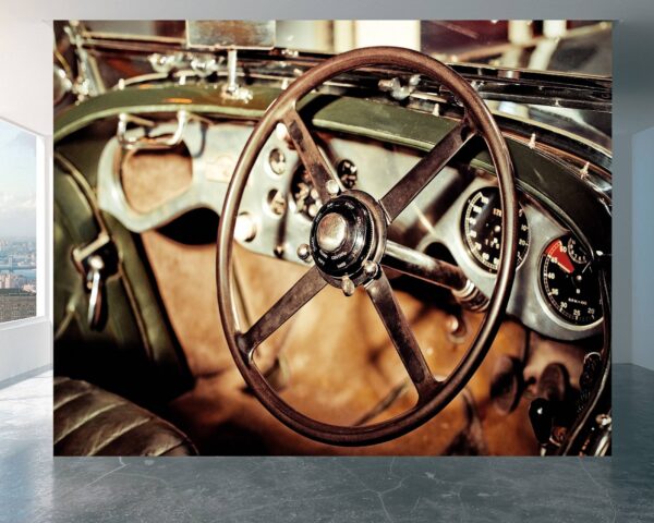 Intricate vintage car dashboard design on wallpaper