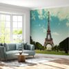 Self-adhesive mural showcasing the Eiffel Tower against a green lawn