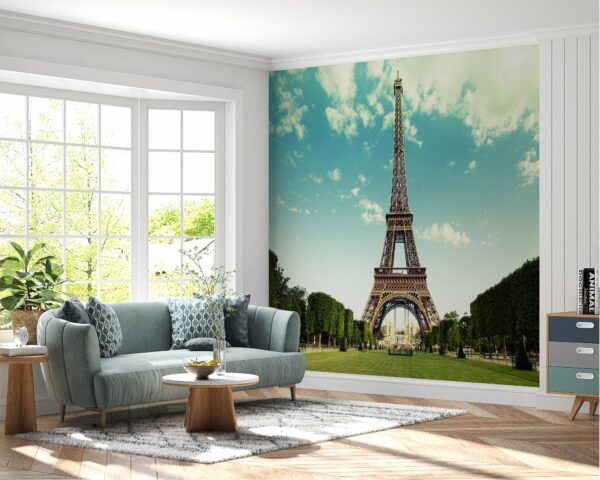 Self-adhesive mural showcasing the Eiffel Tower against a green lawn