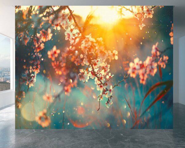 Enchanting flower sunset design on home wallpaper.