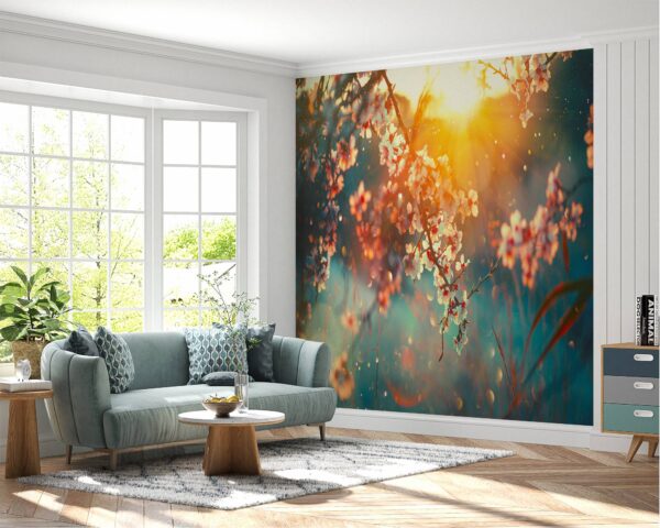 Waterproof home wallpaper with sunset and flower silhouettes.