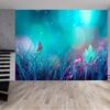 Tranquil blue meadow design on living room wallpaper.