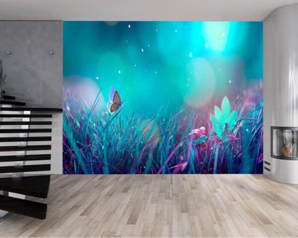 Tranquil blue meadow design on living room wallpaper.