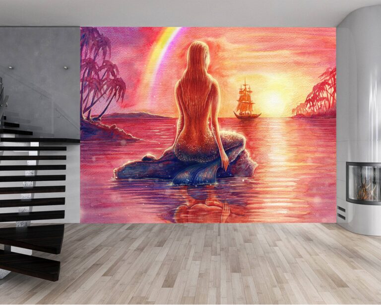 Living room adorned with watercolor mermaid mural