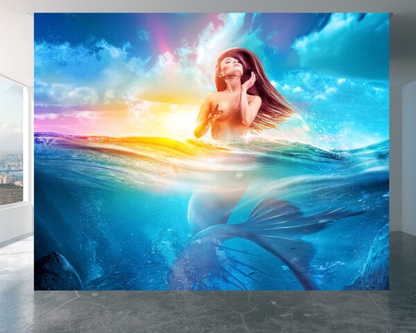 Mystical underwater mermaid and woman design on self-adhesive wallpaper