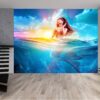 Living room adorned with mermaid and woman mural