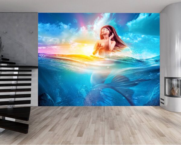 Living room adorned with mermaid and woman mural