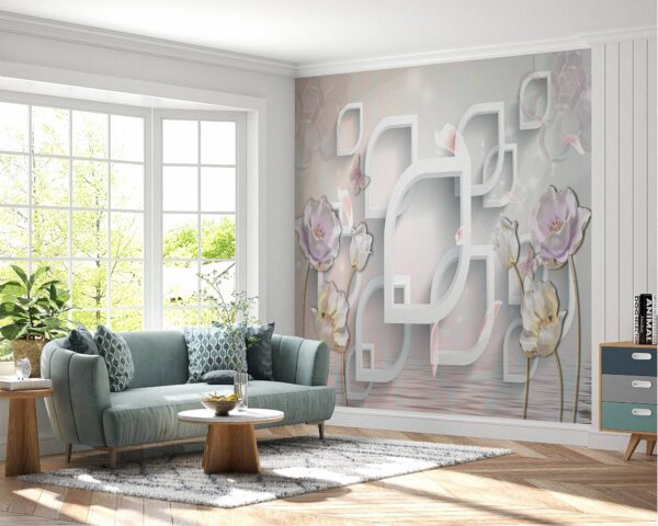 Self-adhesive wallpaper with modern 3D shapes and florals