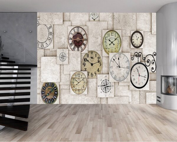 Timeless vintage clocks design on light background wall mural