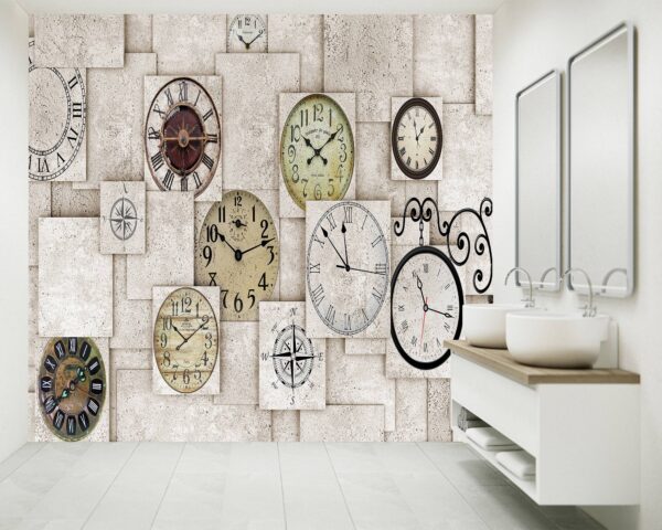 3D Effect Wall with Clocks Wallpaper Photo Wall Mural Wall UV Print Decal Wall Art Décor