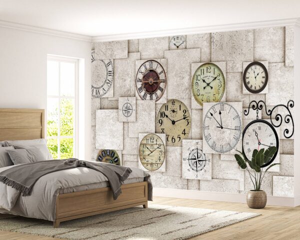 3D Effect Wall with Clocks Wallpaper Photo Wall Mural Wall UV Print Decal Wall Art Décor