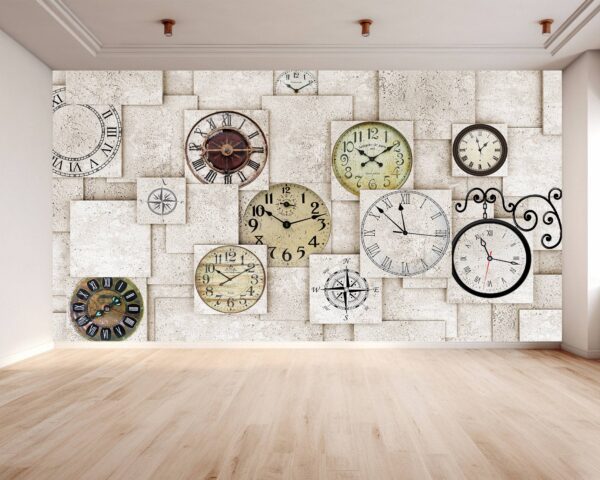 3D Effect Wall with Clocks Wallpaper Photo Wall Mural Wall UV Print Decal Wall Art Décor