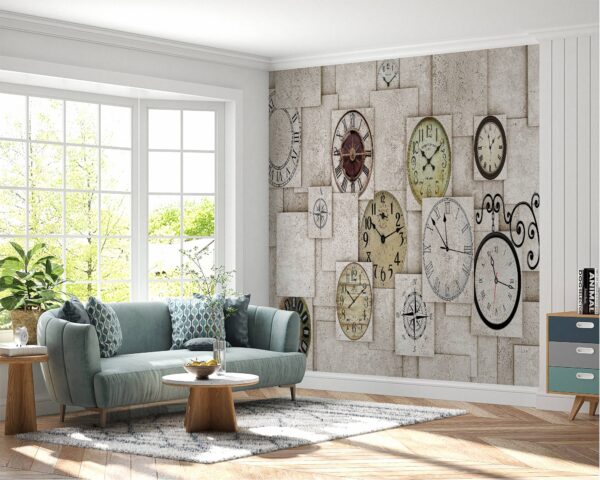 3D Effect Wall with Clocks Wallpaper Photo Wall Mural Wall UV Print Decal Wall Art Décor