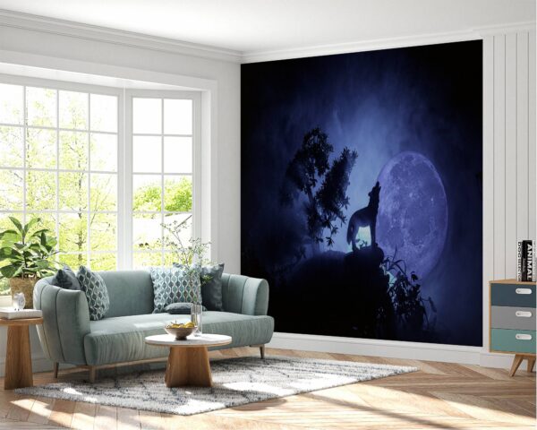 Living room adorned with wolf wallpaper mural