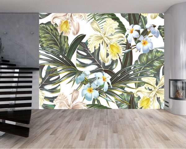 Close-up of colorful exotic flowers on wall mural.