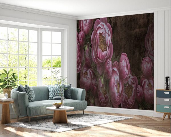 Waterproof living room wallpaper with concrete and flower patterns.