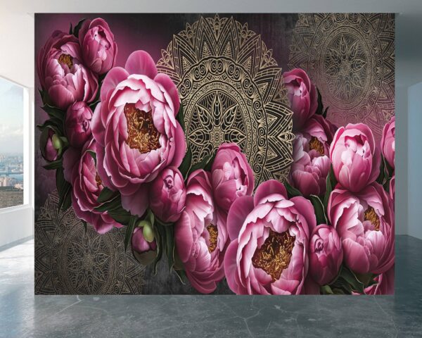 Artistic flower painting design on living room wallpaper.