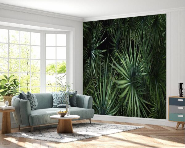 Waterproof bedroom wallpaper with vibrant palm leaf patterns.